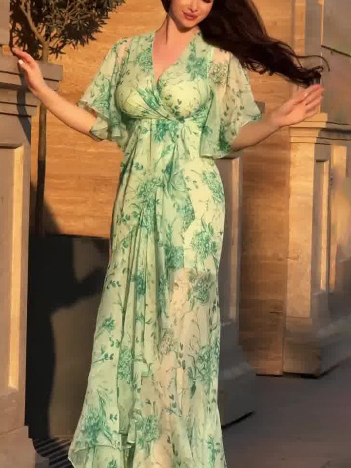 Ivora Retro V-Neck Trumpet Sleeve Printed Midi Dress