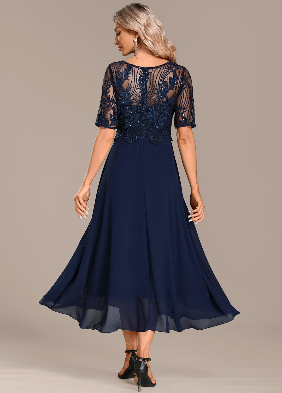 Adeline Navy Lace Round Neck Short Sleeve Dress
