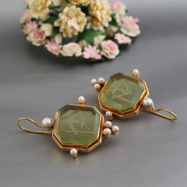 Galena Vintage Green Pearl Drop Earrings