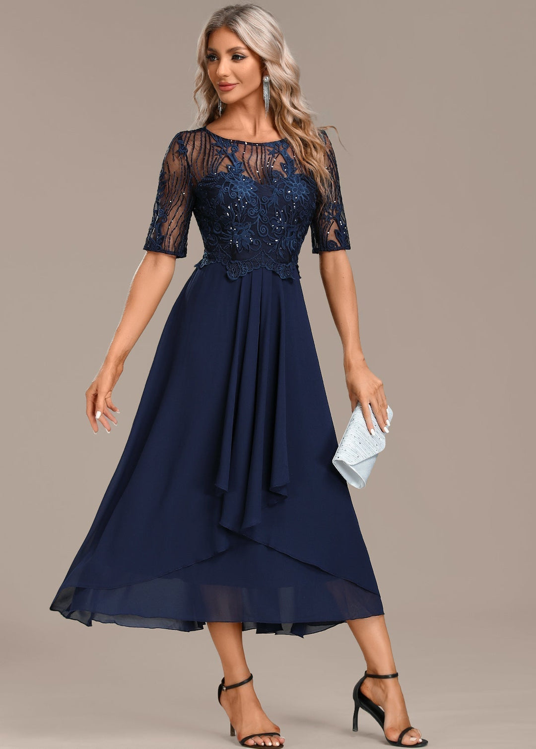 Adeline Navy Lace Round Neck Short Sleeve Dress