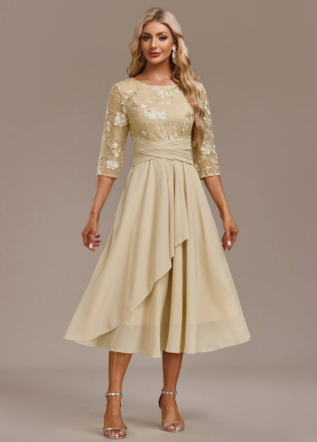 Bellamy Floral Embroidered 3/4 Sleeve Round Neck Dress