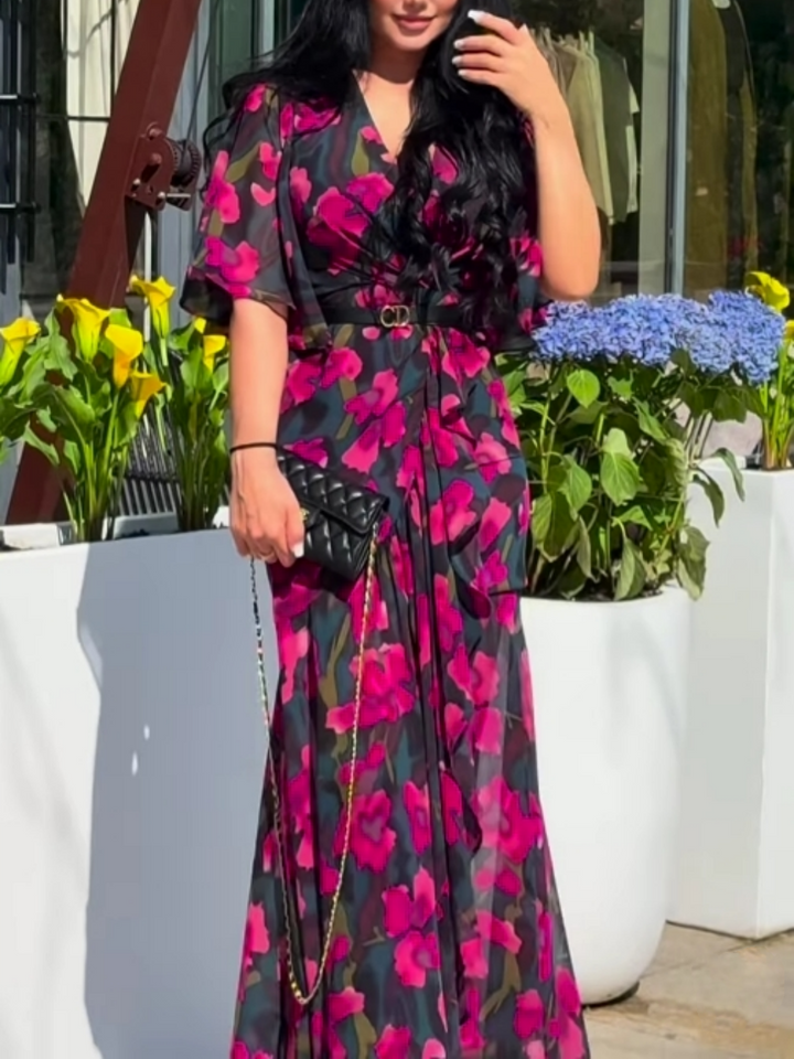 Ivora Retro V-Neck Trumpet Sleeve Printed Midi Dress