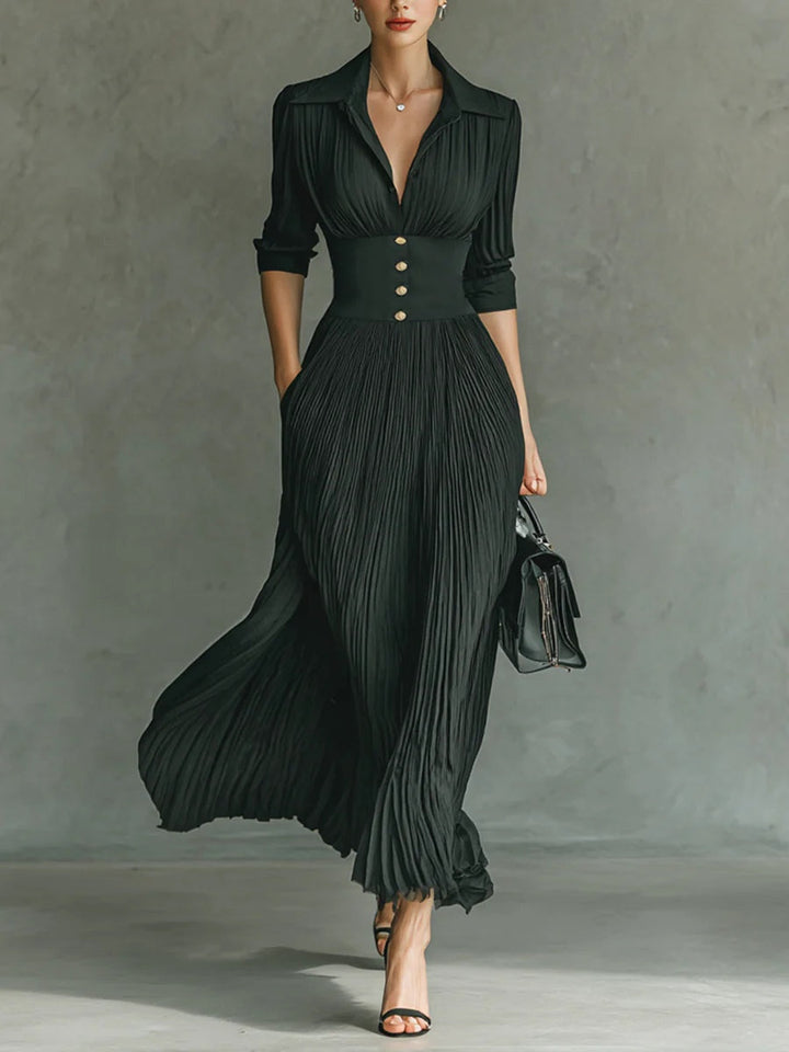 Celeste Pleated Lapel Belted Maxi Dress