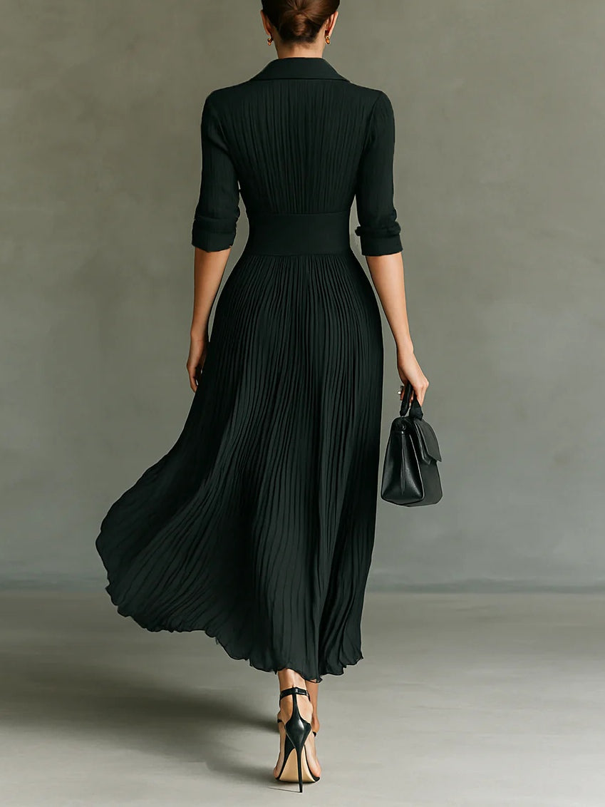 Celeste Pleated Lapel Belted Maxi Dress
