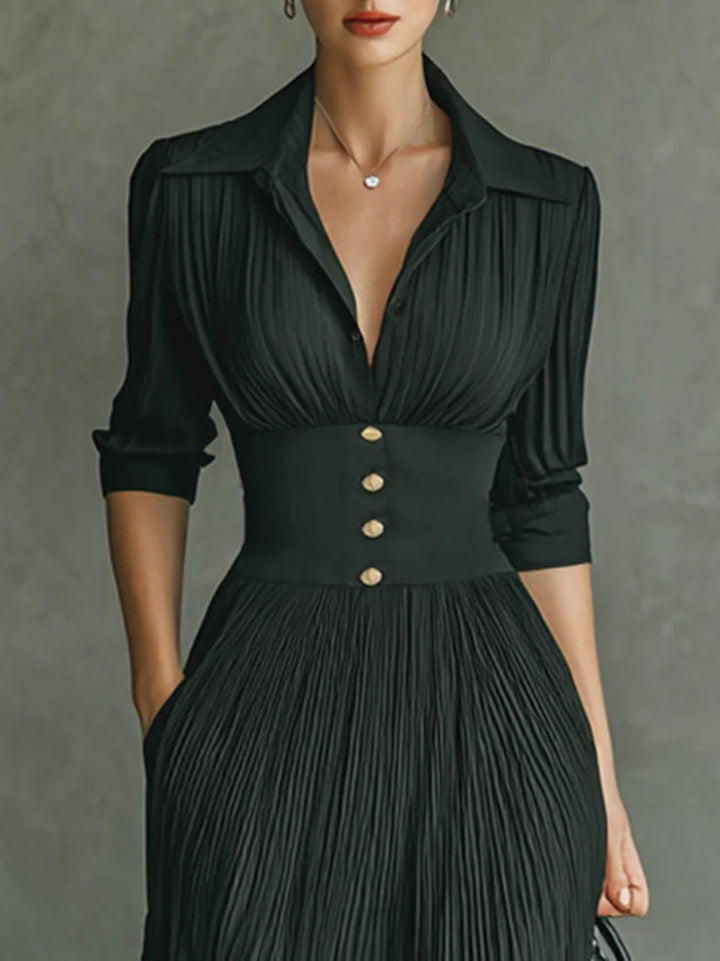 Celeste Pleated Lapel Belted Maxi Dress