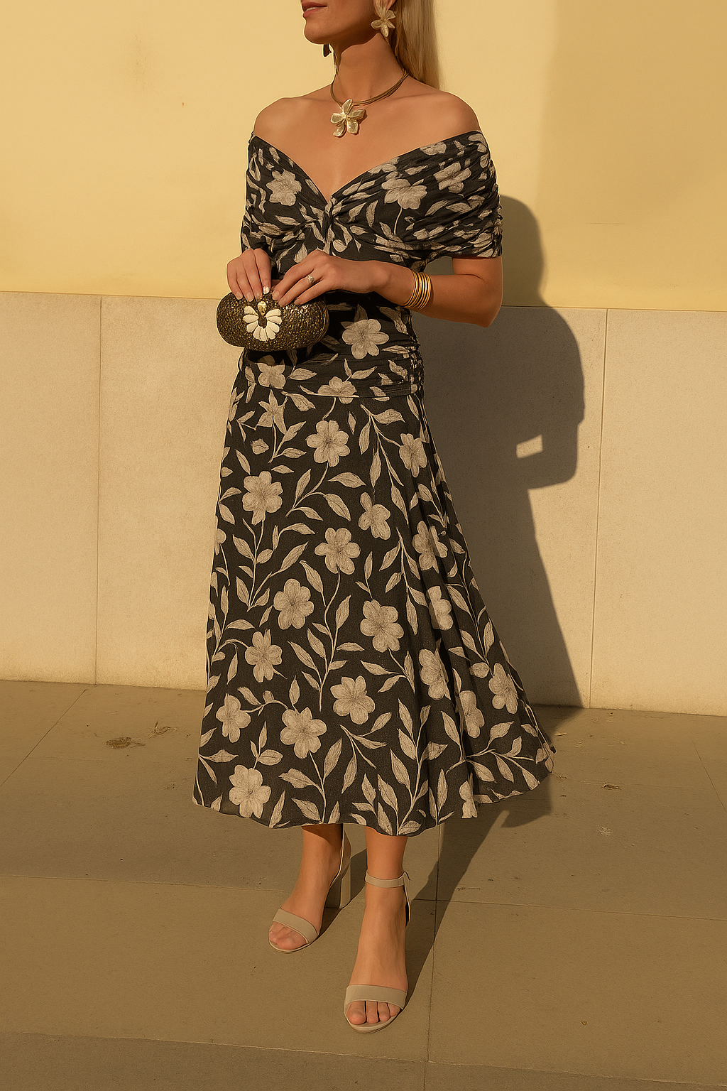Valentina Off-Shoulder Midi Dress with Floral Print