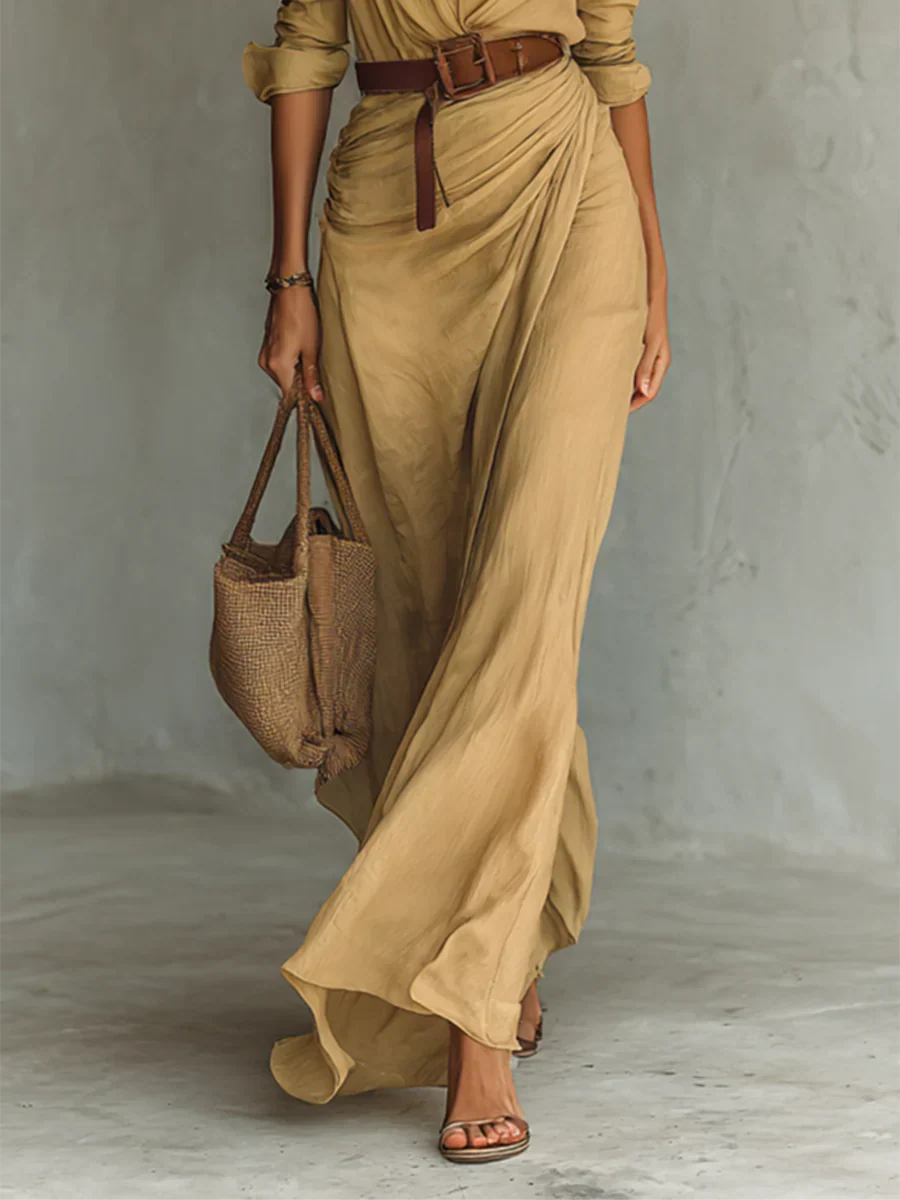 Savina Lapel Long Sleeve Belted Maxi Dress