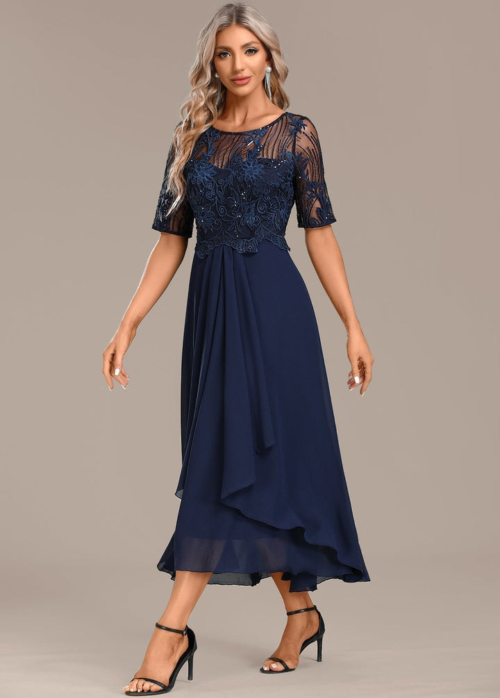 Adeline Navy Lace Round Neck Short Sleeve Dress