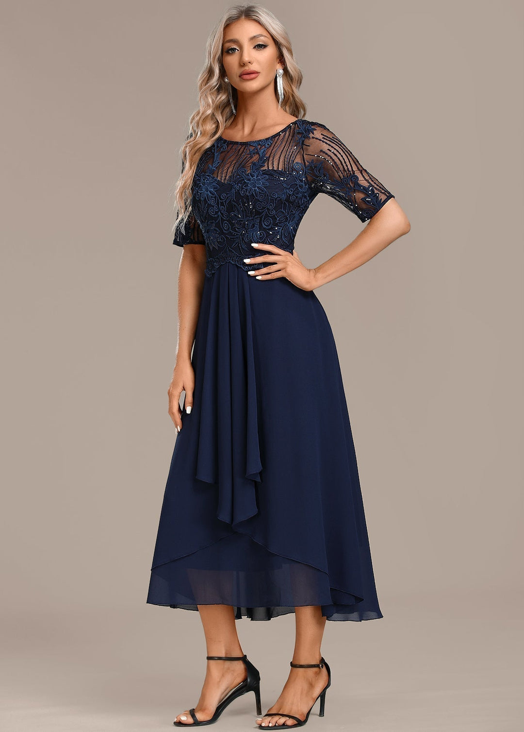 Adeline Navy Lace Round Neck Short Sleeve Dress