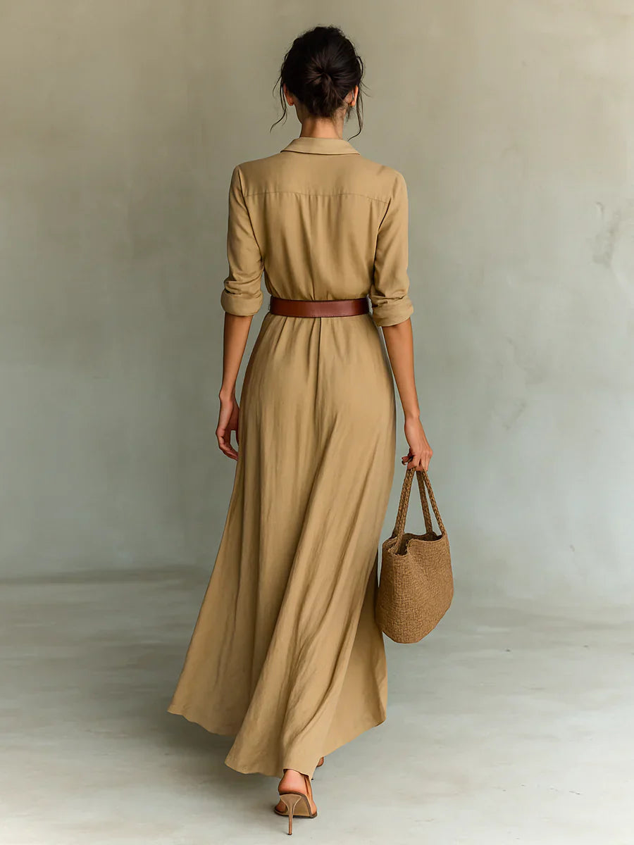 Savina Lapel Long Sleeve Belted Maxi Dress