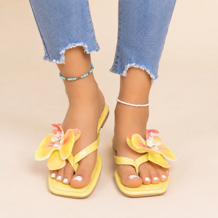 Orchid Square-Toe Floral Flip-Flops