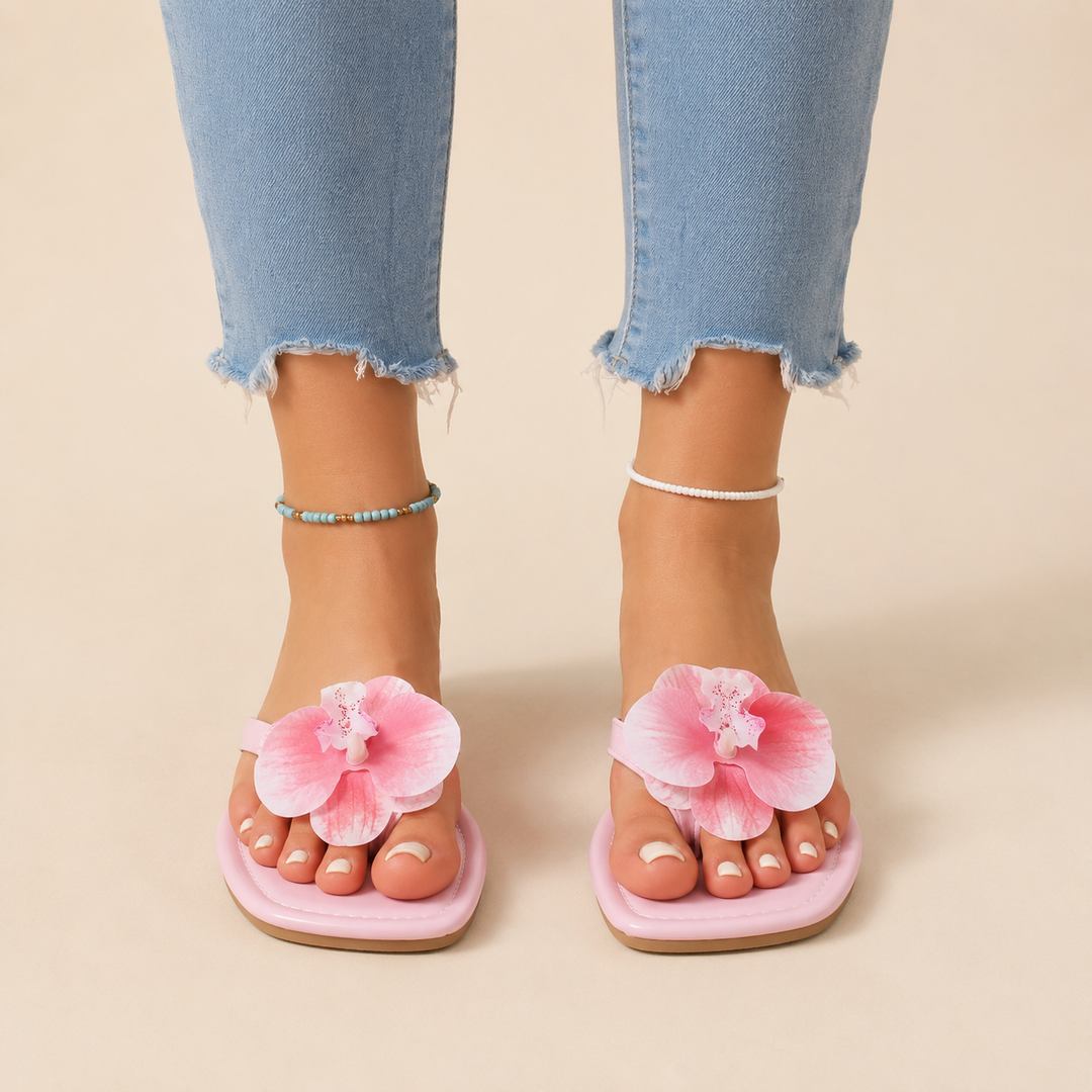 Orchid Square-Toe Floral Flip-Flops